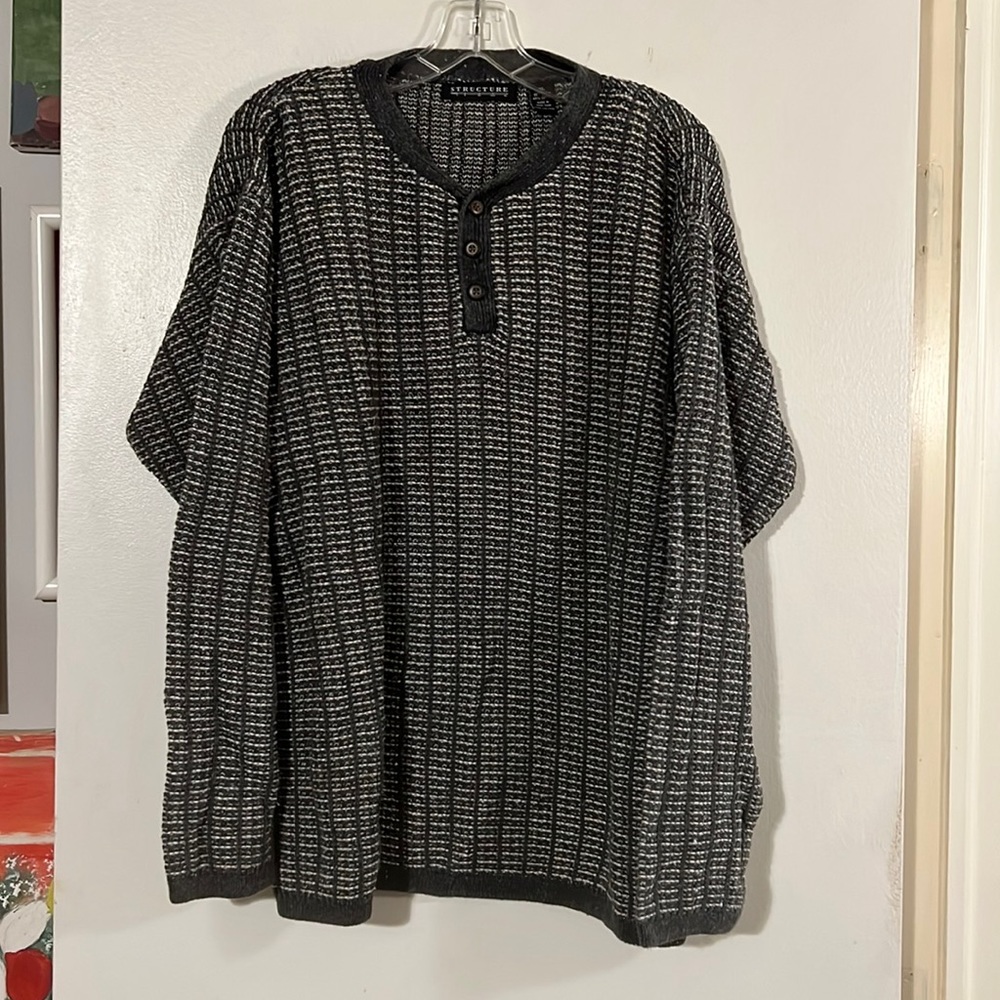Structure gray/cream Henley style sweater